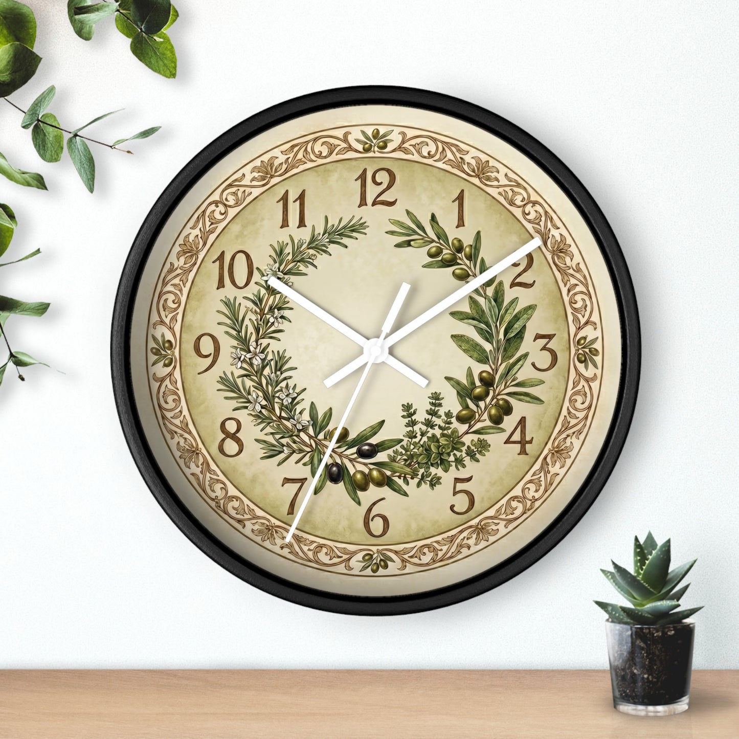 Herb Wreath Wall Clock | Olive & Rosemary Kitchen Clock, Rustic Botanical Decor