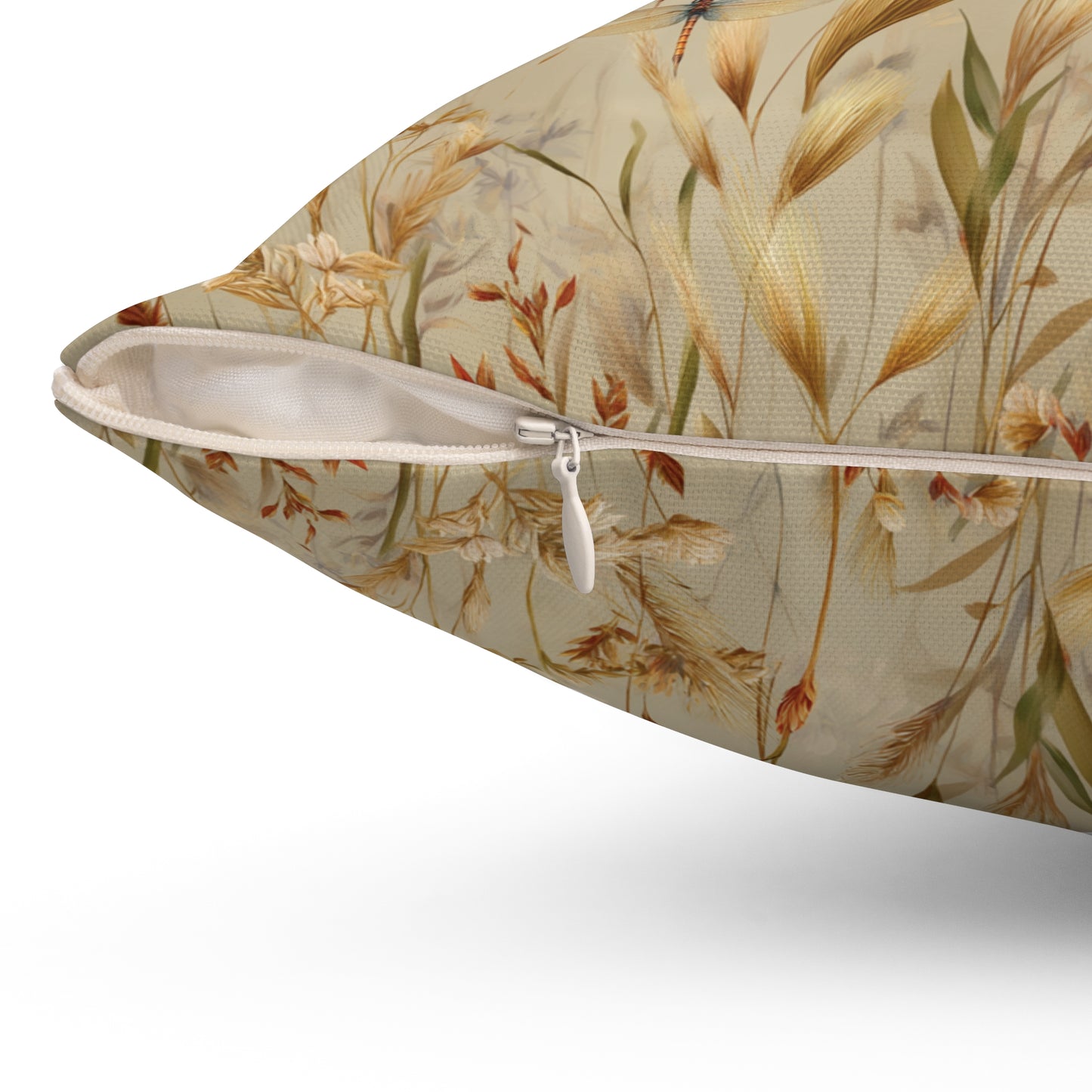 Neutral Botanical Print Pillow | Dried Wildflower Dragonfly Pattern, Square Throw Pillow