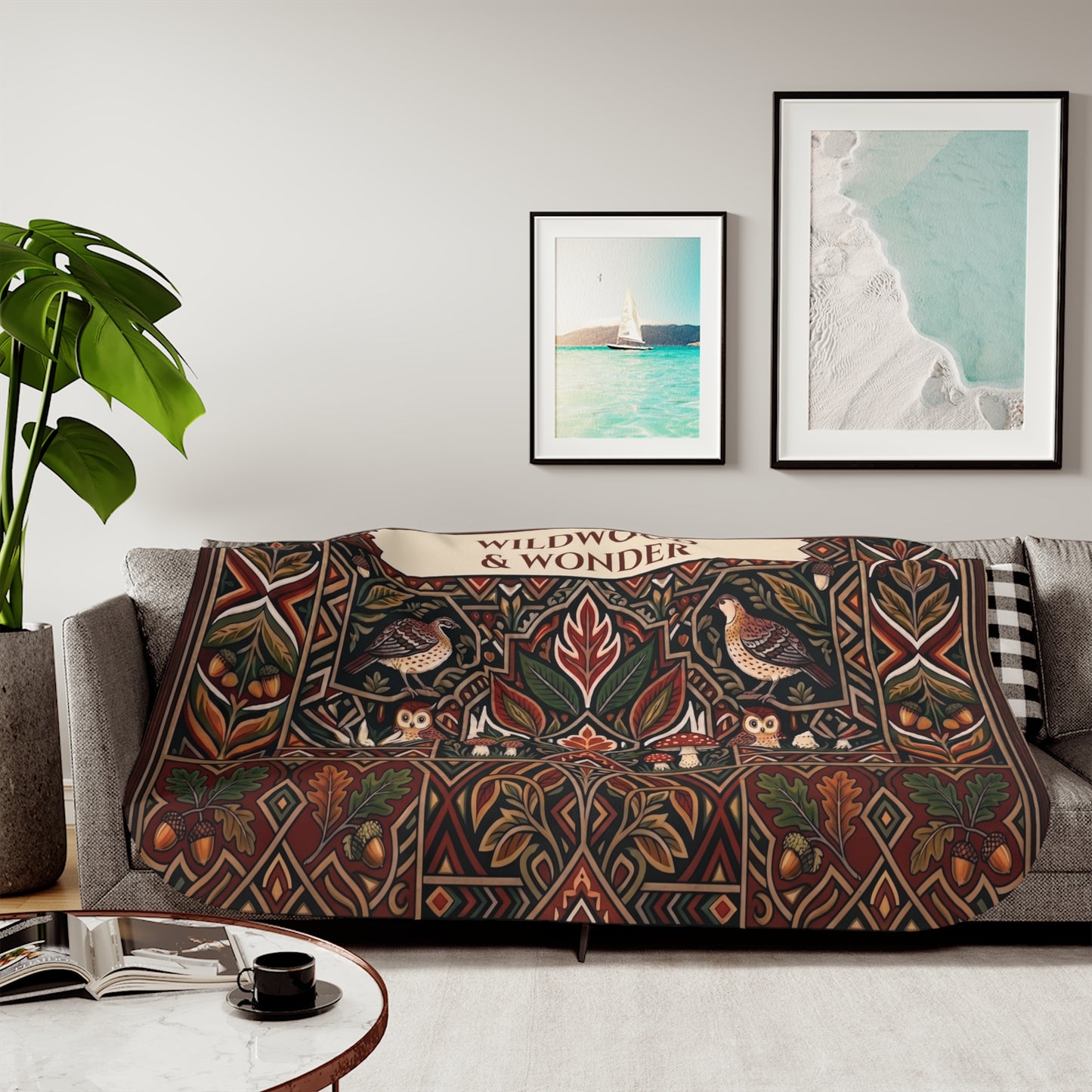 Autumn Bird and Botanical Pattern Sherpa Blanket, Personalized Text