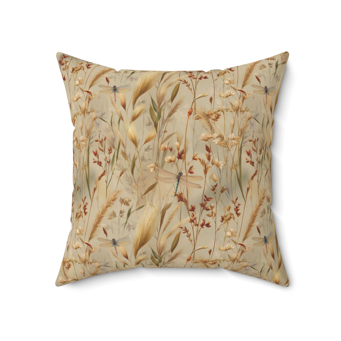 Neutral Botanical Print Pillow | Dried Wildflower Dragonfly Pattern, Square Throw Pillow