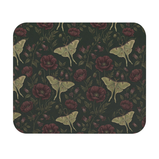 Luna Moths and Dark Roses Mouse Pad | Floral Vintage Gothic Pattern