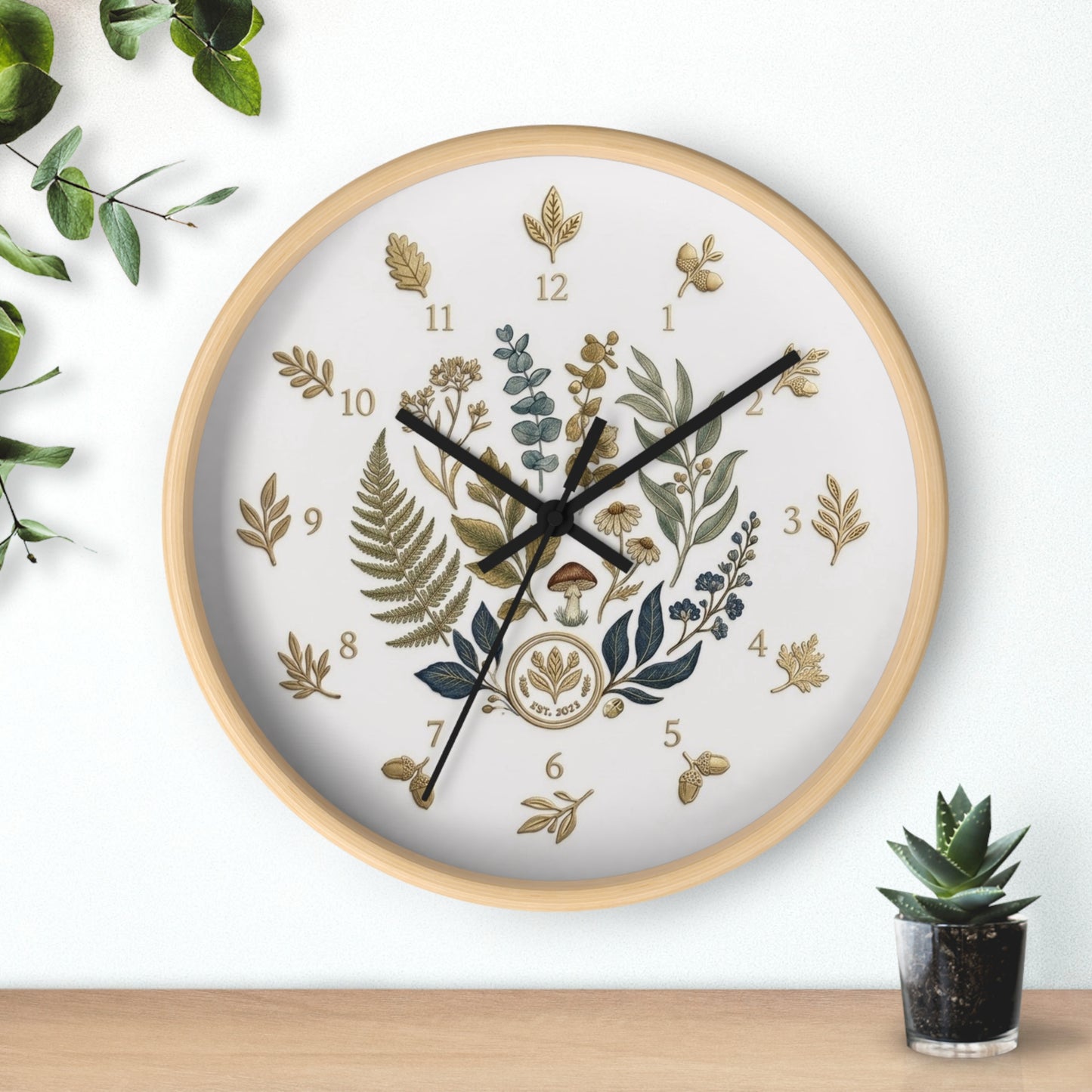 Botanical Wreath Wall Clock | Floral Fern Eucalyptus Illustration