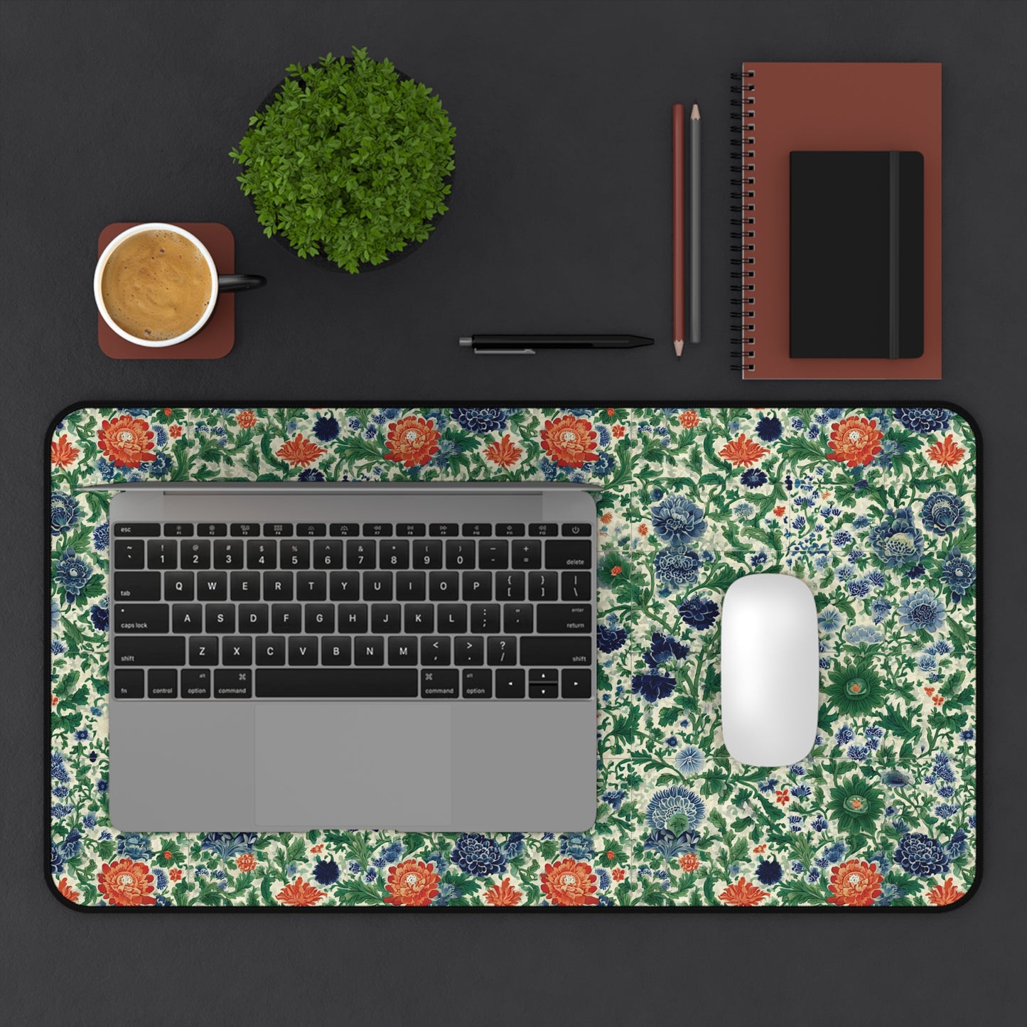 Vintage Floral Pattern Desk Mat | Green Blue Orange Botanical Mouse Pad