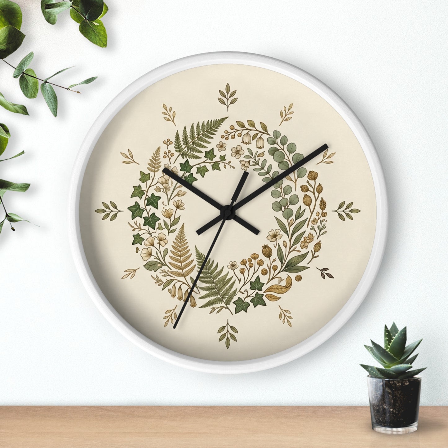 Botanical Wreath Wall Clock | Neutral Fern Floral Clock