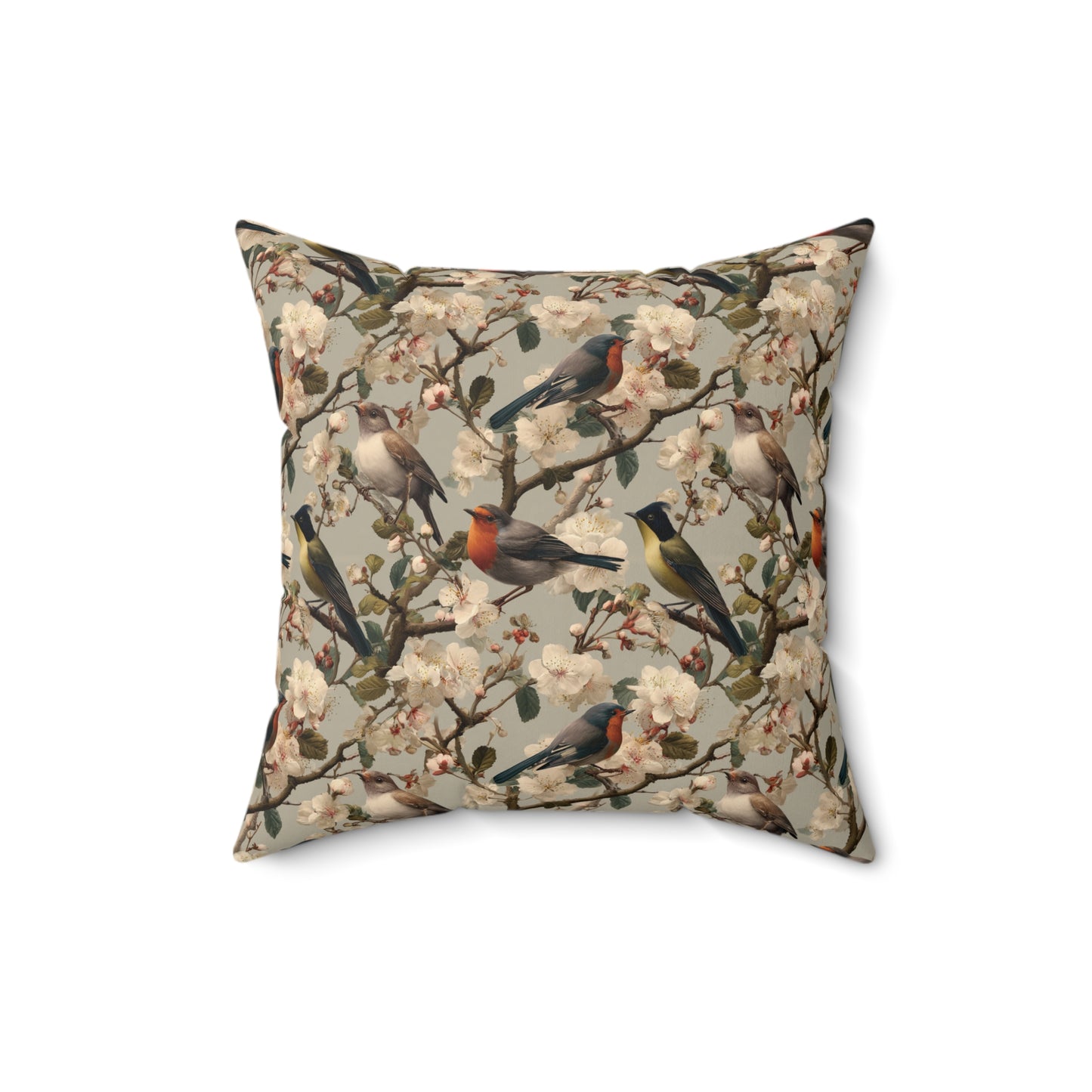 Vintage Floral Songbirds Pillow | Botanical Bird Pattern Square Pillow