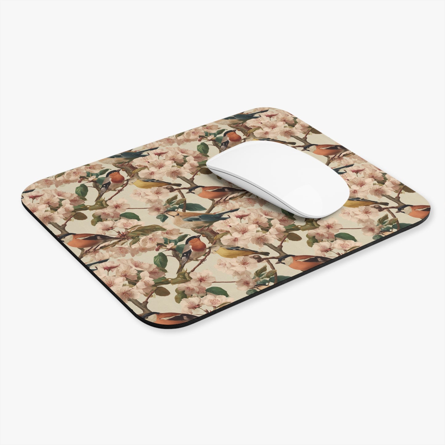 Vintage Songbirds and Cherry Blossoms Mouse Pad | Floral Bird Desk Mat