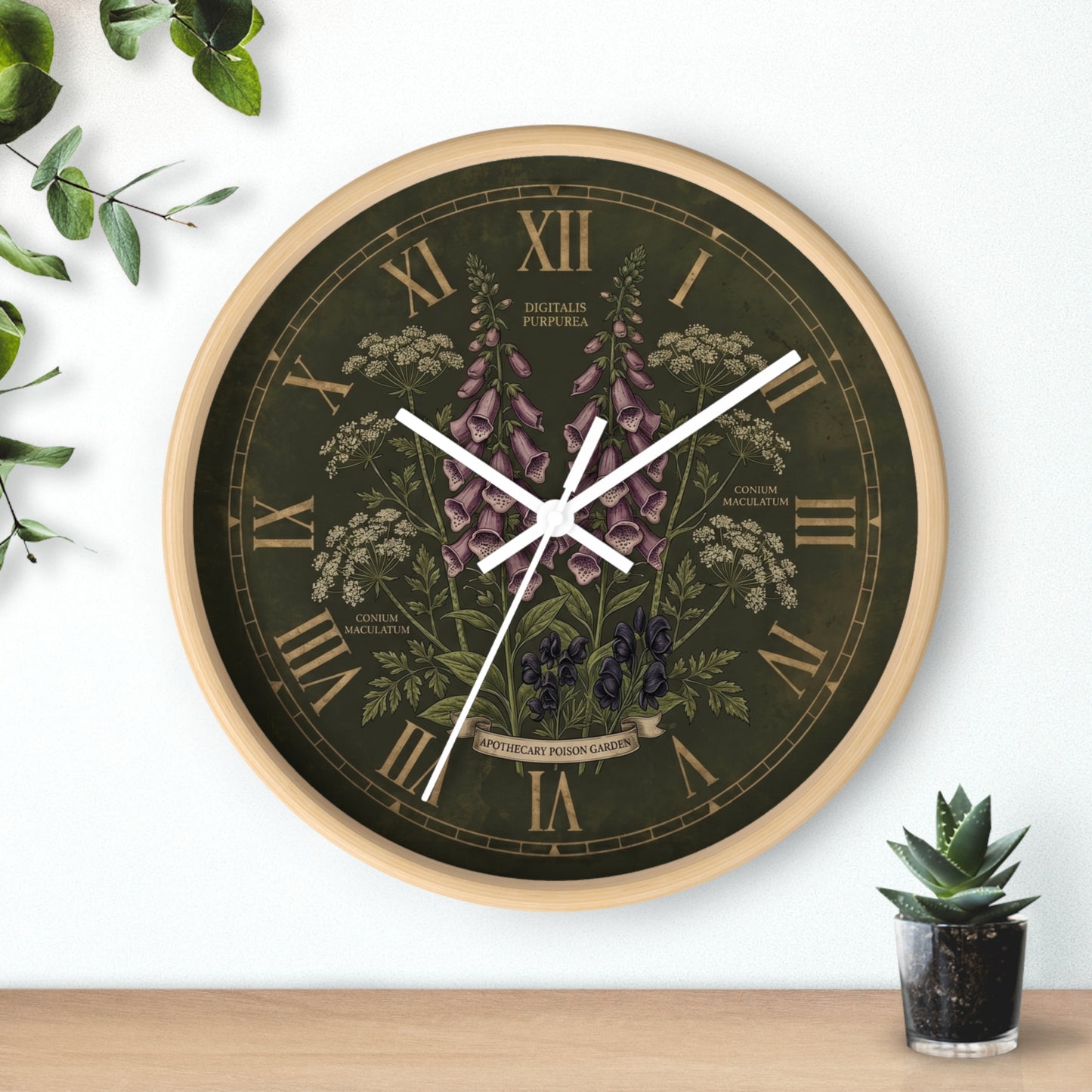 Vintage Botanical Foxglove Wall Clock | Apothecary Poison Garden, Roman Numerals, Dark Green Floral