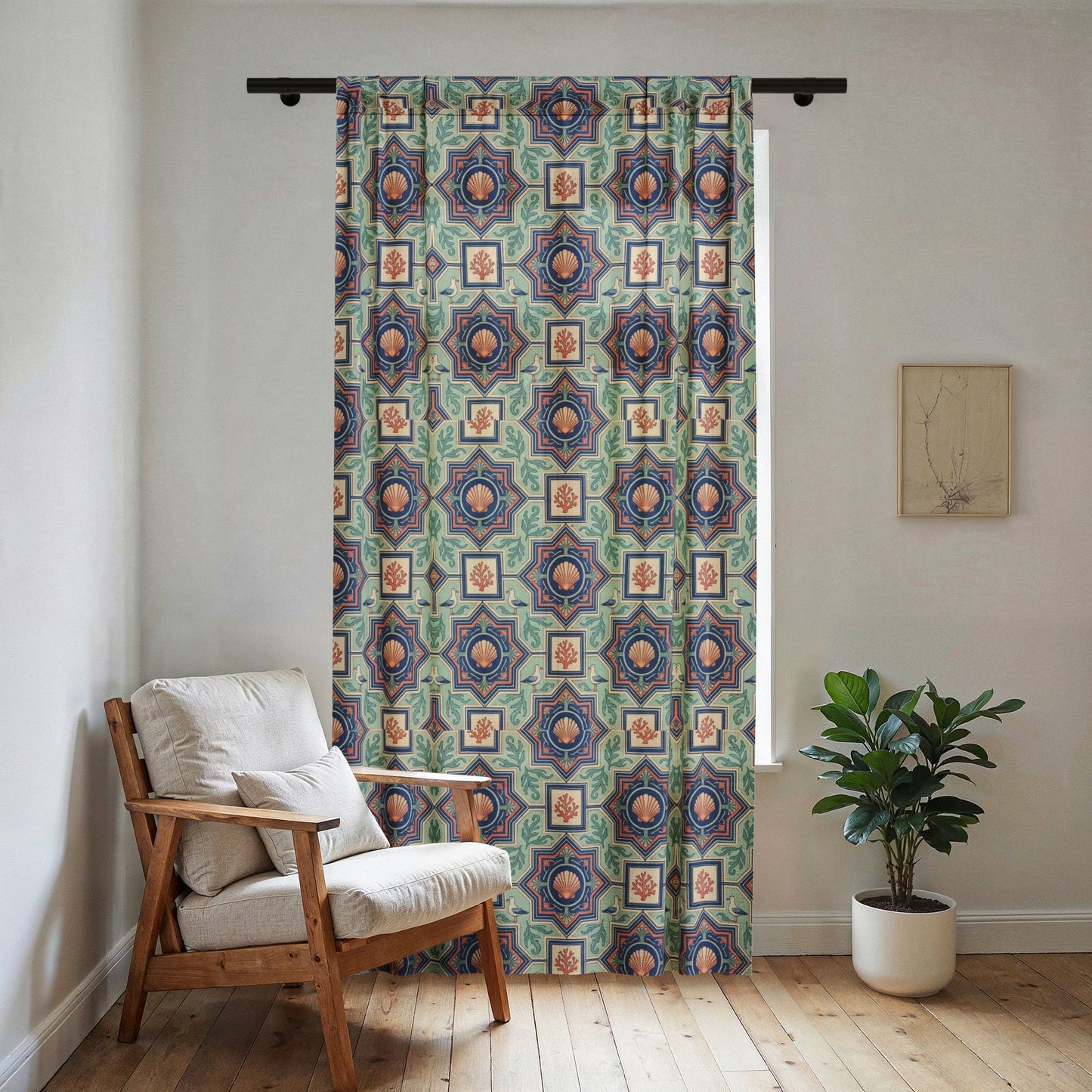 Geometric Repeat Motif Sheer Window Curtain | Muted Teal Rust Indigo