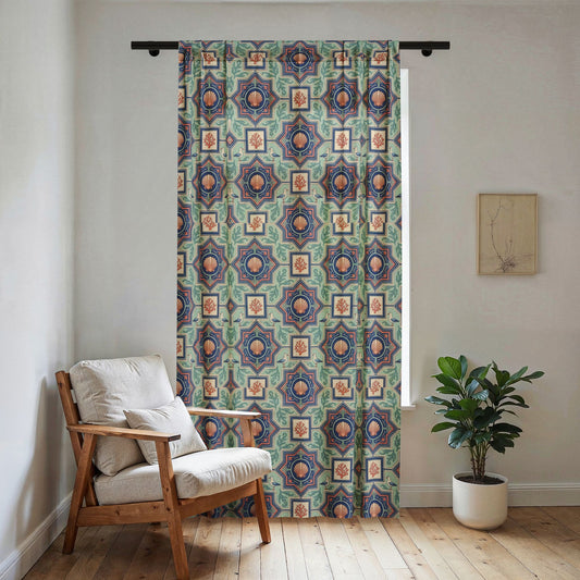 Geometric Repeat Motif Sheer Window Curtain | Muted Teal Rust Indigo