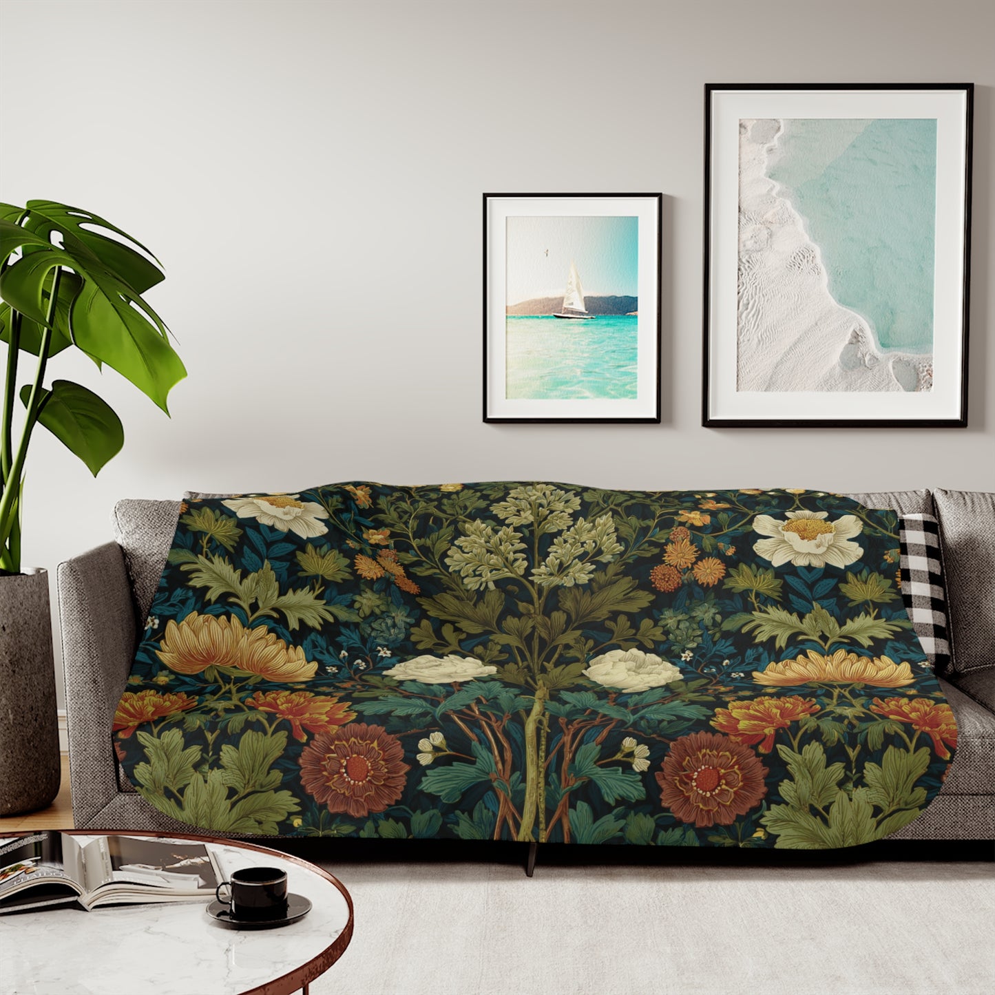 William Morris Style Floral Pattern Sherpa Blanket | Vintage Botanical Throw