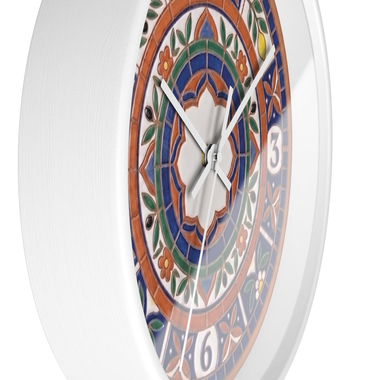 Mediterranean Mosaic Style Wall Clock - Terracotta Azure Blue Floral Faux Tile Botanical Decor
