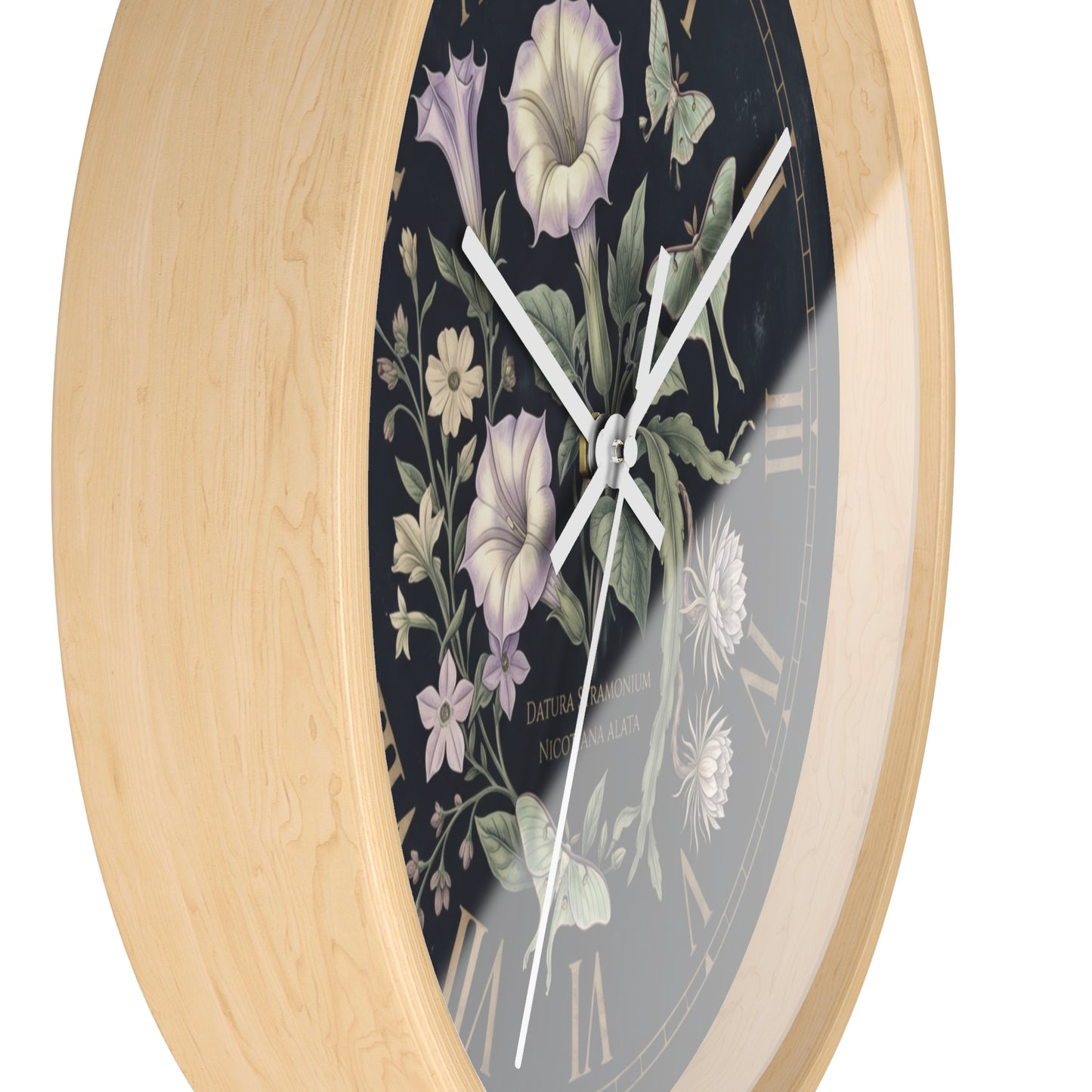 Datura Stramonium Illustration  Wall Clock | Vintage Botanical Floral, Roman Numerals, Dark Background