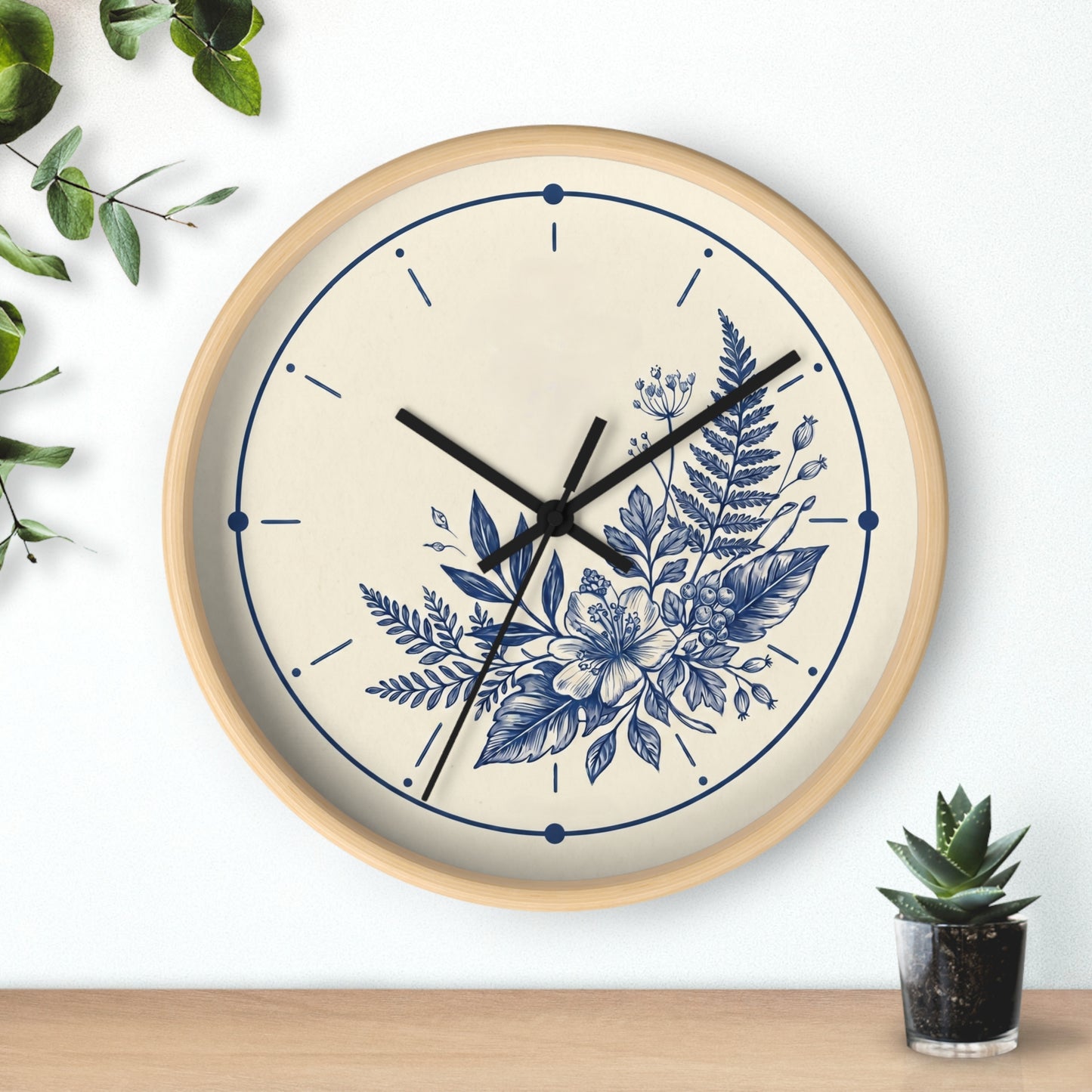 Blue Floral Illustration Wall Clock | Coastal Botanical Flower Clock