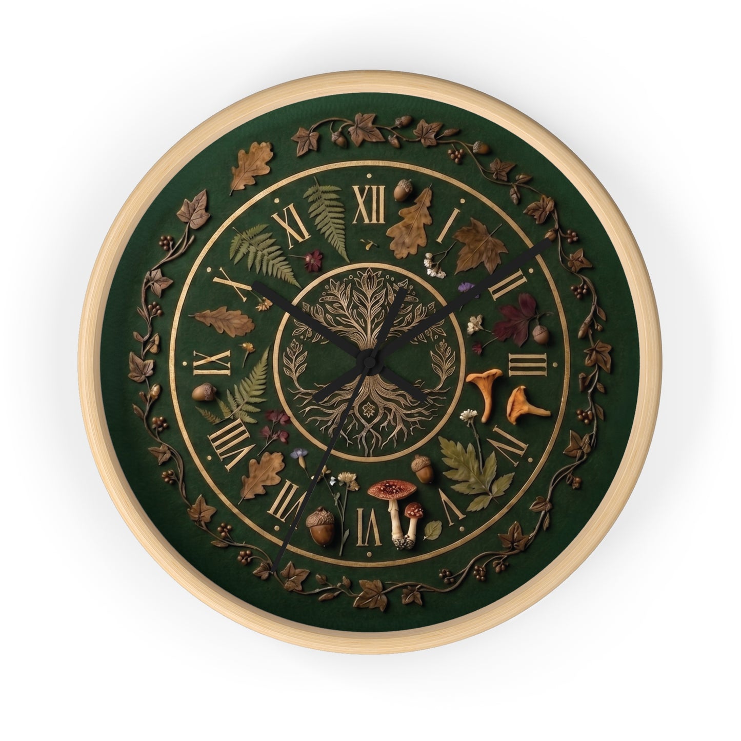 Woodland Tree of Life wall clock | Botanical, mushrooms, fern, roman numerals | Realistic Illustration | Witchy Nature
