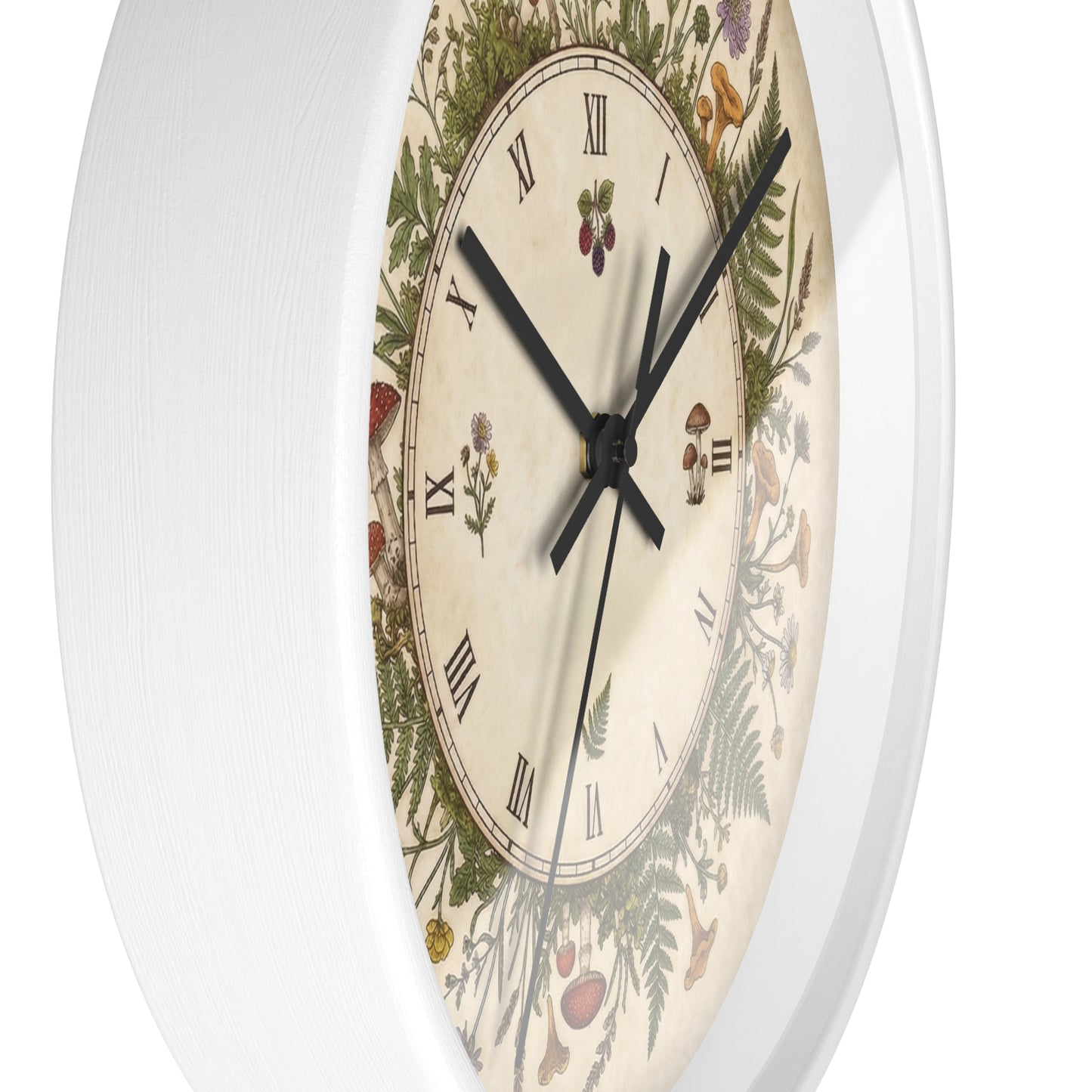 Vintage Botanical Wreath Wall Clock | Floral Ferns, Mushrooms, Roman Numerals
