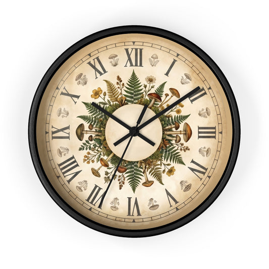 Mushroom Fern Floral Wall Clock | Vintage Roman Numerals, Botanical Decor