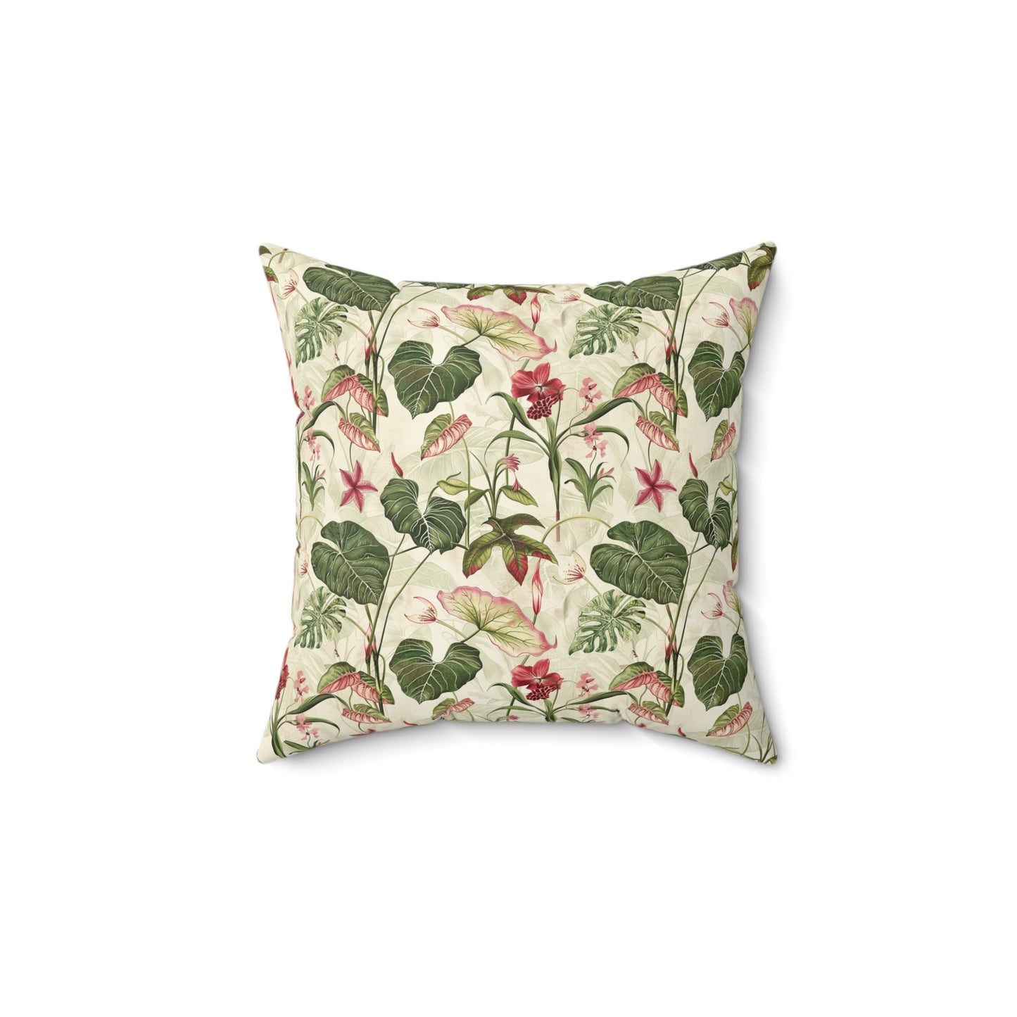 Vintage Botanical Floral Pattern Pillow | Tropical Leaves, Pink Flowers