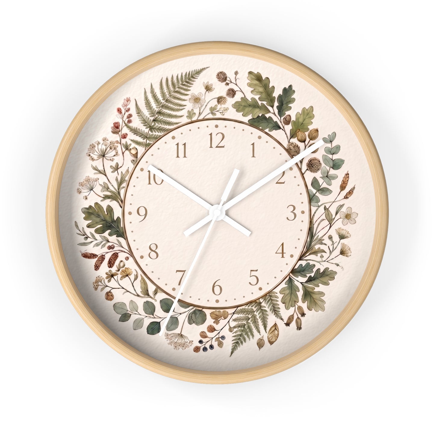 Botanical Wreath Wall Clock | Floral Foliage Illustration Clock, Neutral Nature Home Decor