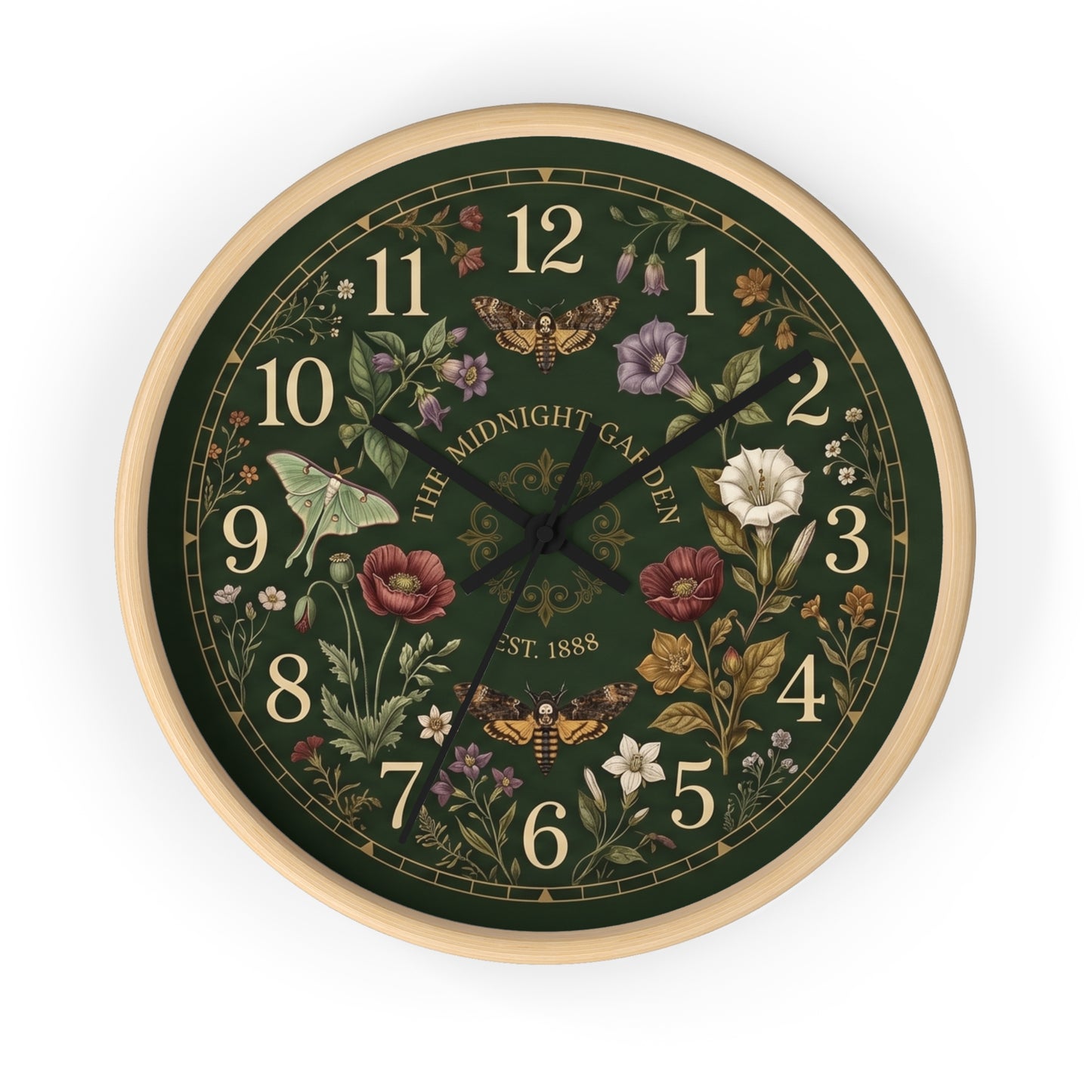 Vintage Floral Garden Clock | Botanical Wall Clock, Dark Green Floral Design