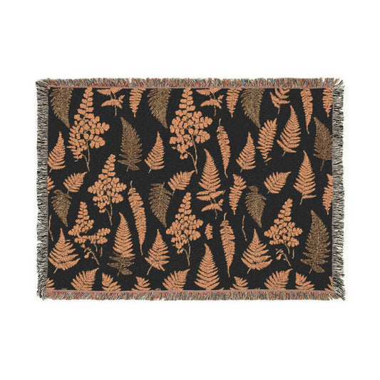 Dark Botanical Pattern Woven Blanket | Rustic Woodland Tapestry Throw