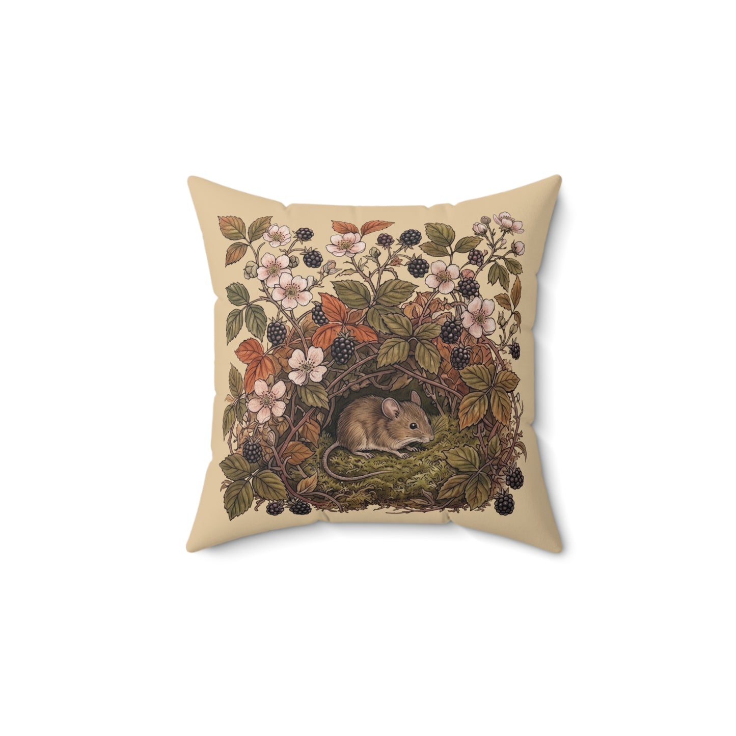 Woodland Mouse Nest Pillow | Vintage Botanical Brambles Illustration