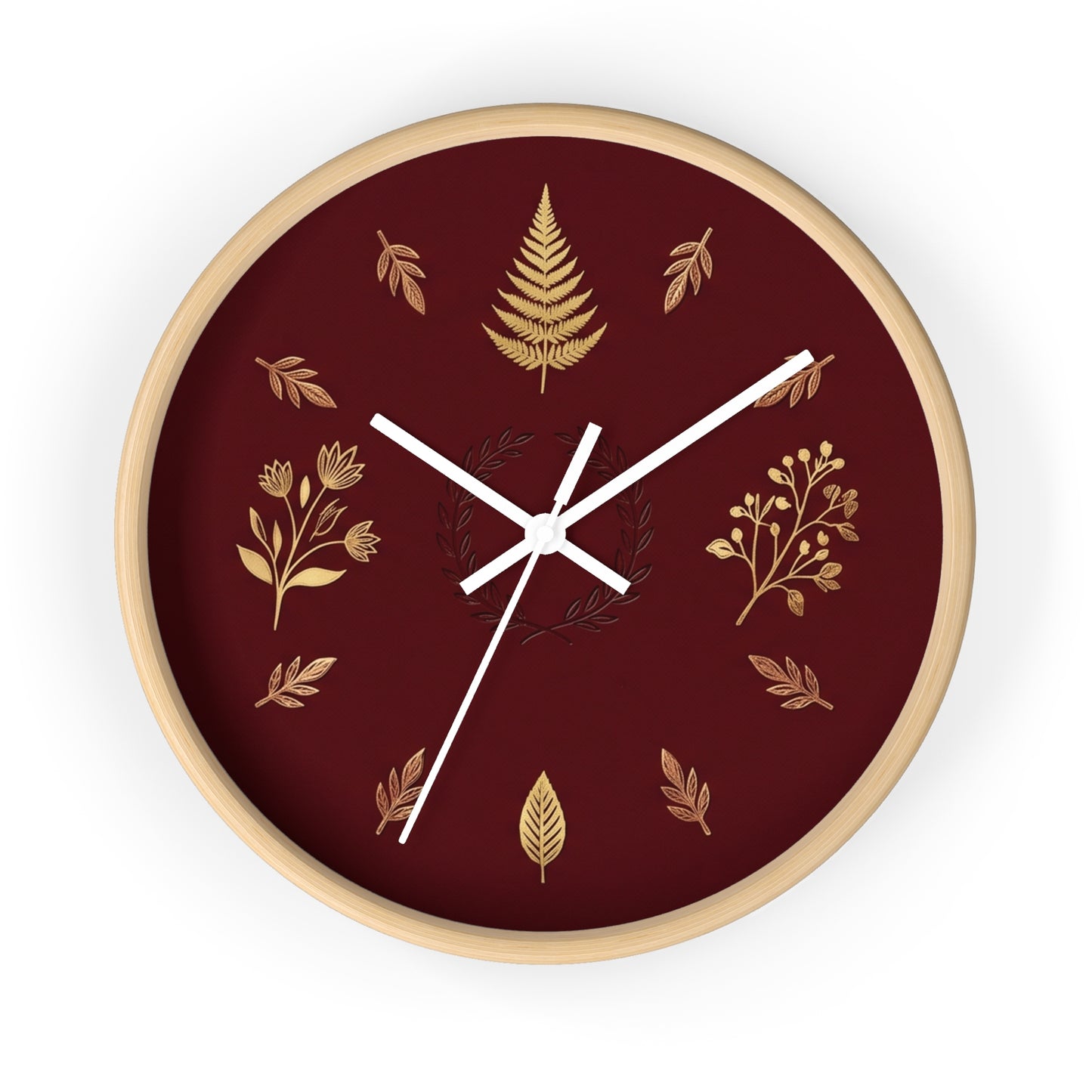 Gold Botanical Leaves Wall Clock | Maroon Floral Fern Home Decor
