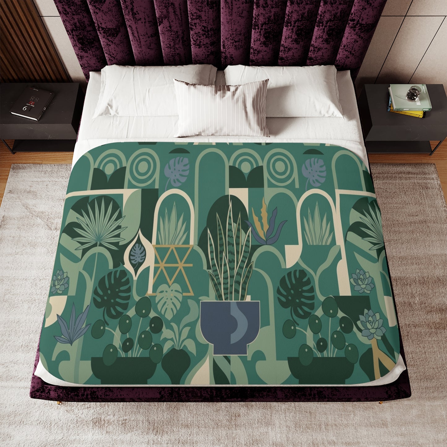 Indoor Plant Pattern Sherpa Blanket | Green Botanical Houseplant Design