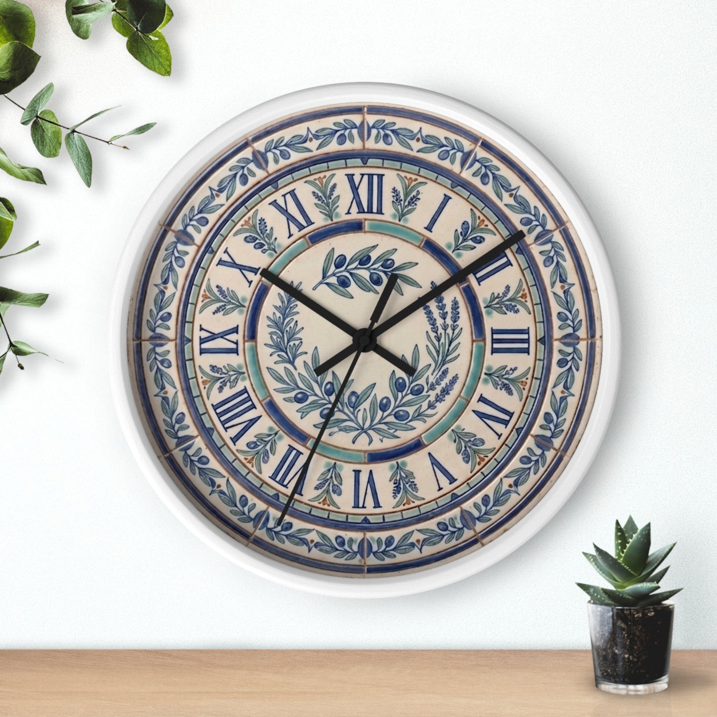 Blue Olive Wreath Wall Clock | Roman Numerals, Ceramic Tile Style