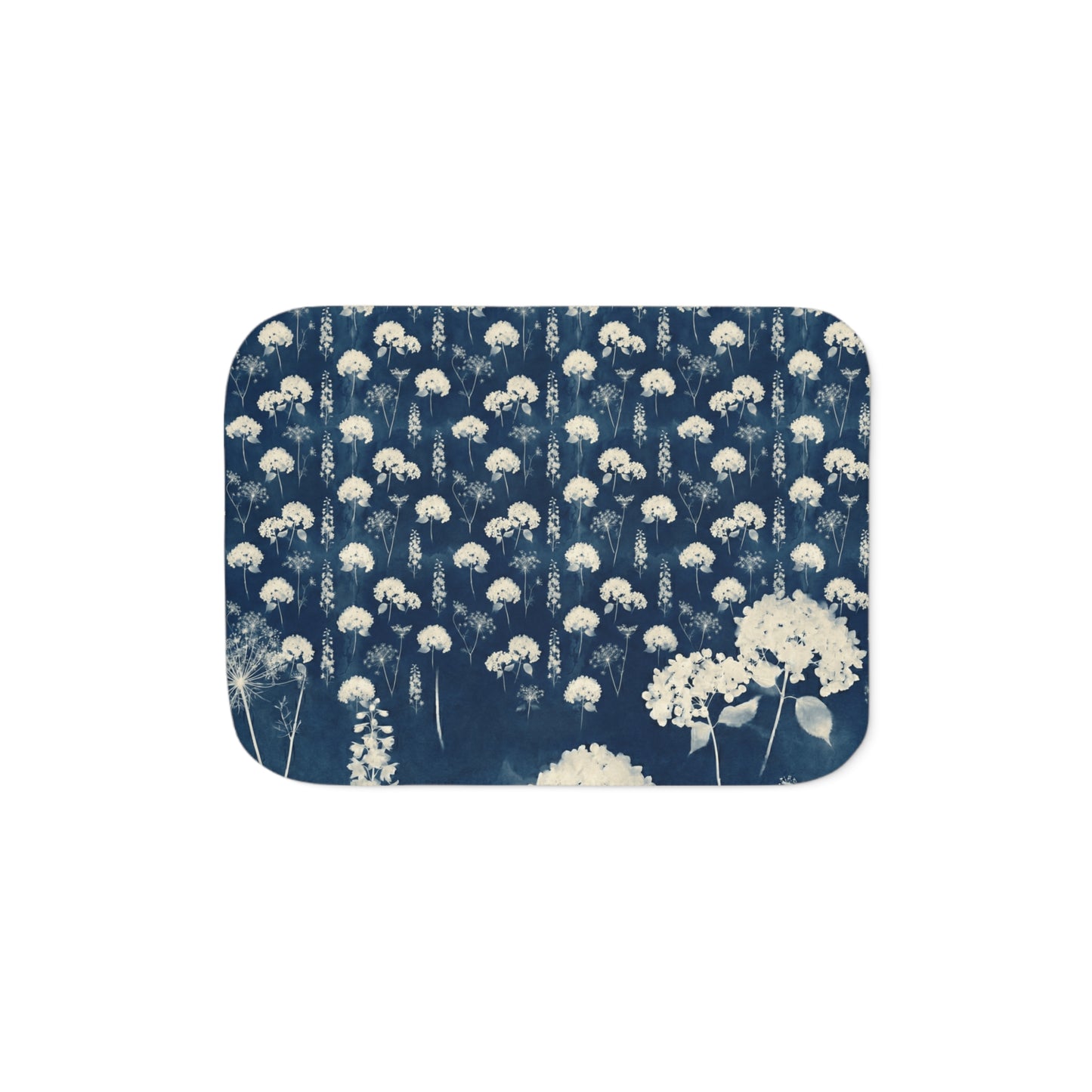 White Queen Anne's Lace Pattern Sherpa Blanket | Indigo Floral Print