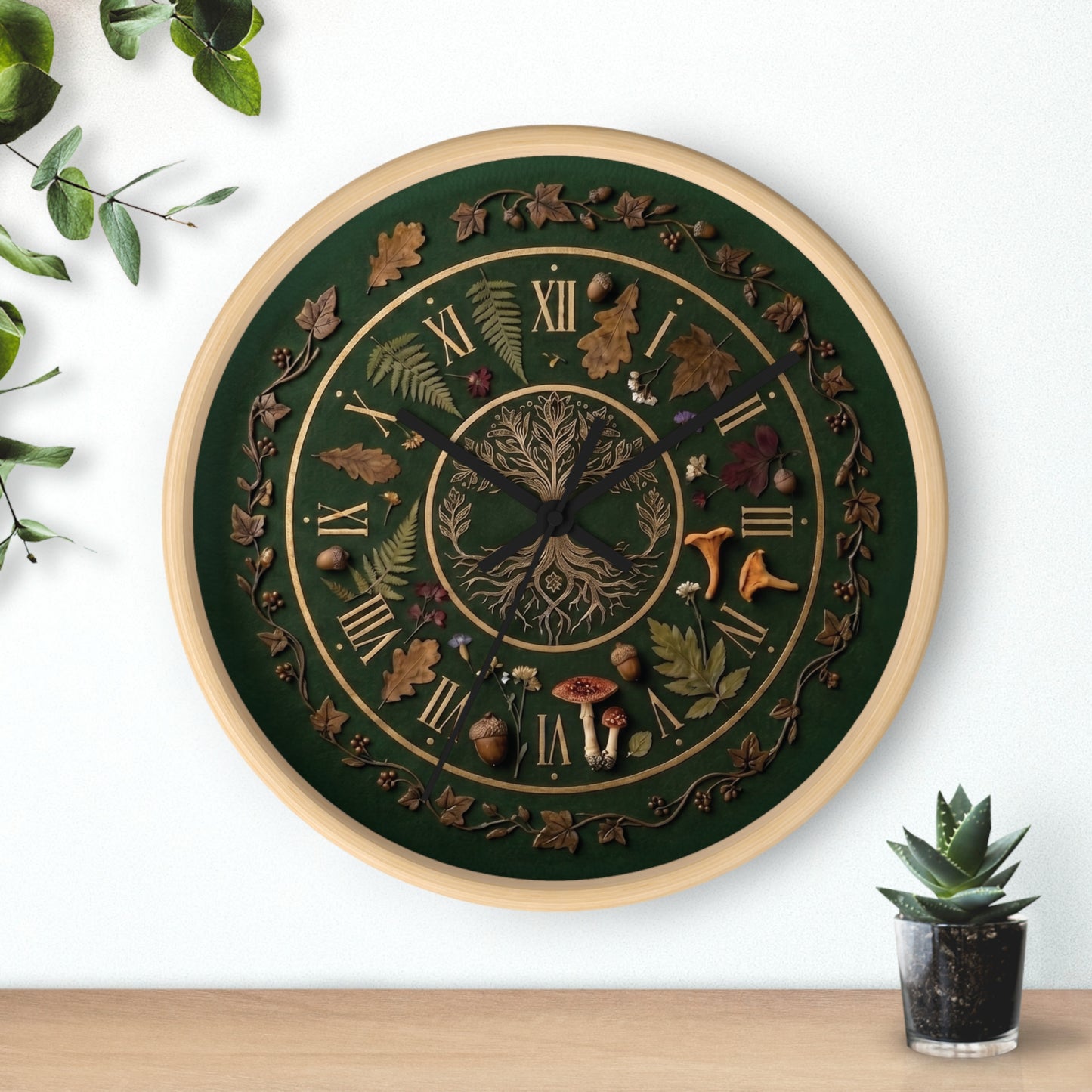 Woodland Tree of Life wall clock | Botanical, mushrooms, fern, roman numerals | Realistic Illustration | Witchy Nature