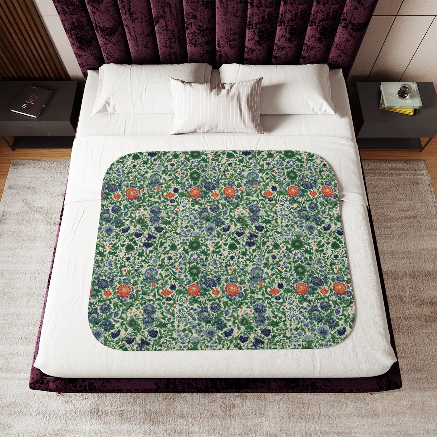 Floral Botanical Pattern Sherpa Blanket | Green Orange Vintage Garden