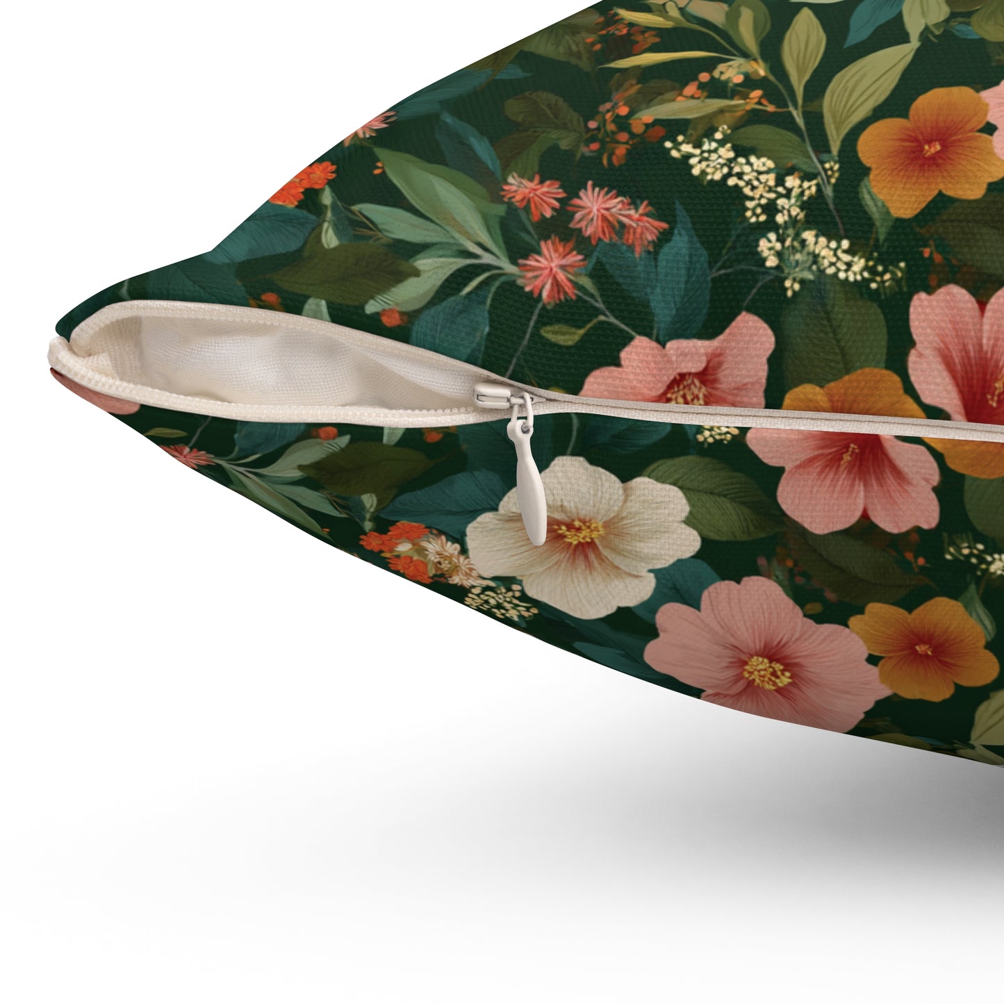 Vintage Floral Pattern Square Pillow | Dark Green Pink Orange Blossoms