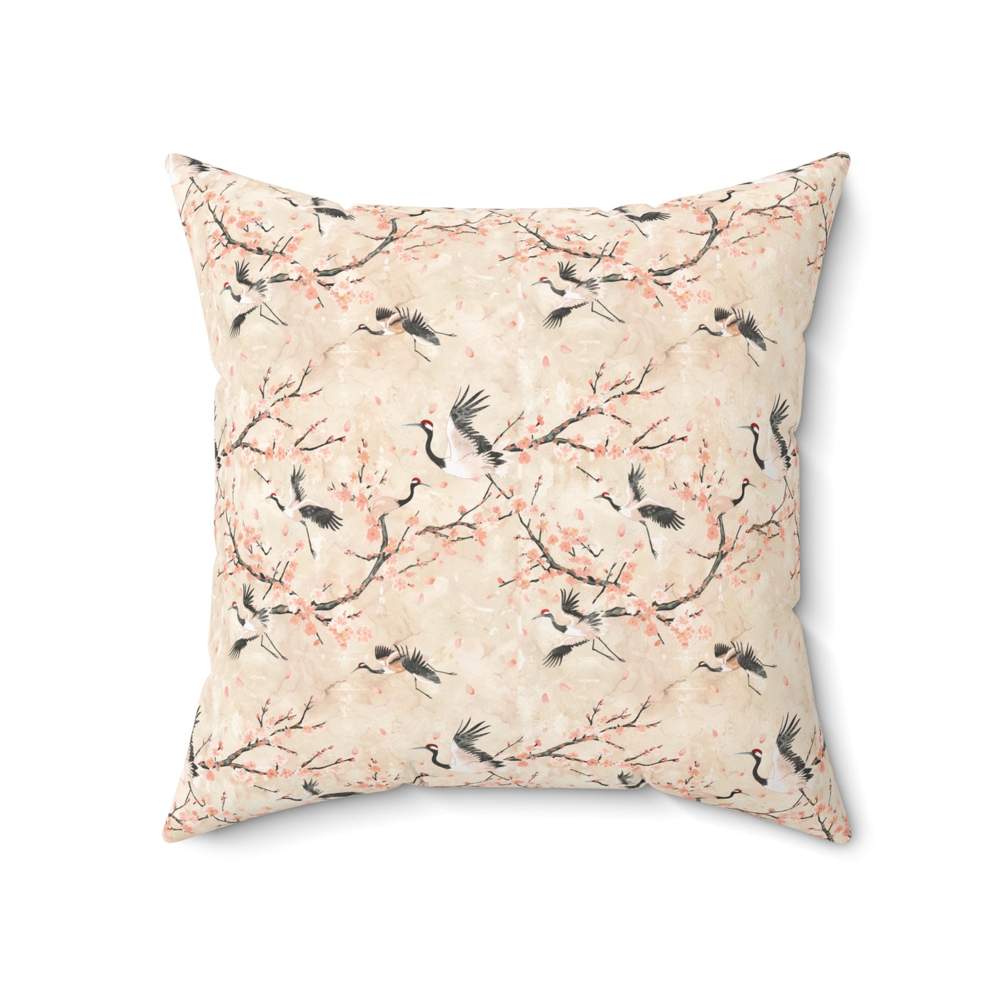 Cherry Blossom Crane Pillow | Floral Japanese Stork Pattern Square Pillow