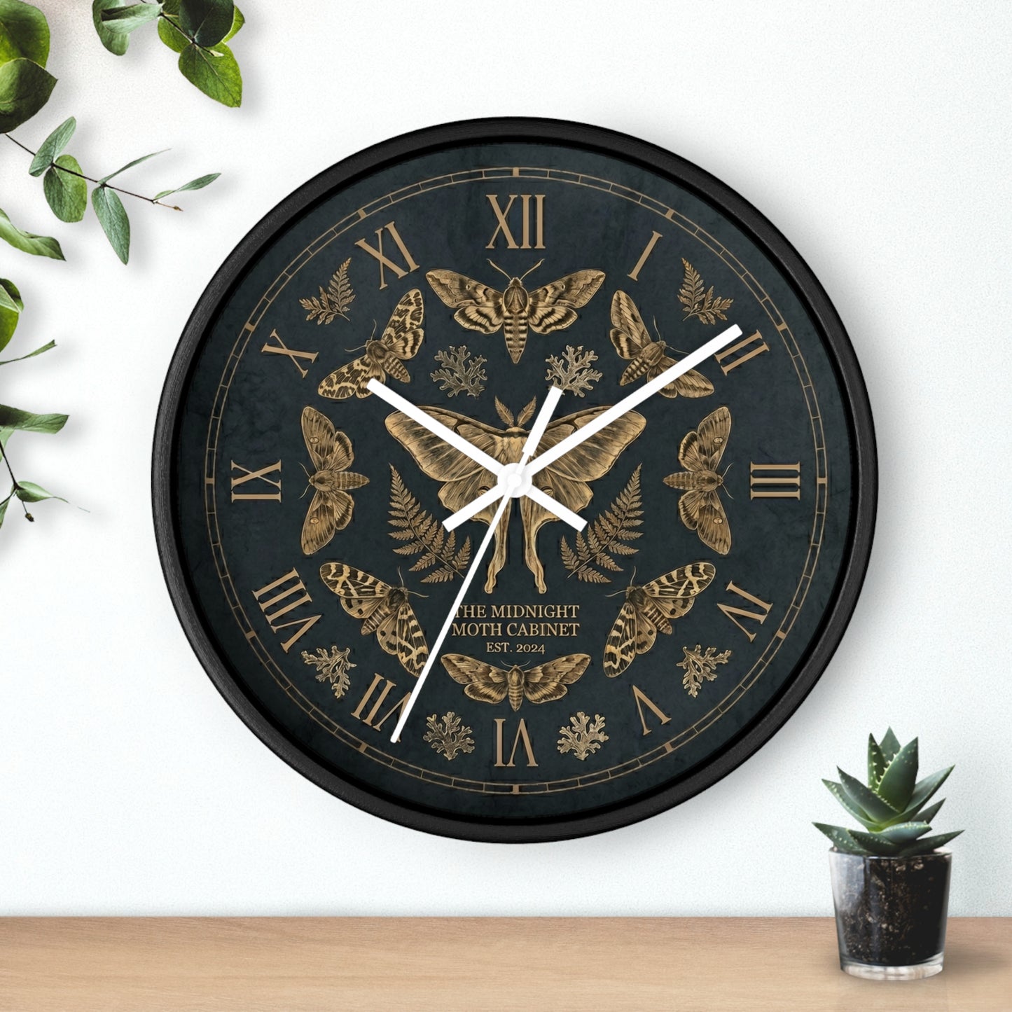 Midnight Moth Illustration Wall Clock | Vintage Moth Pattern, Roman Numerals