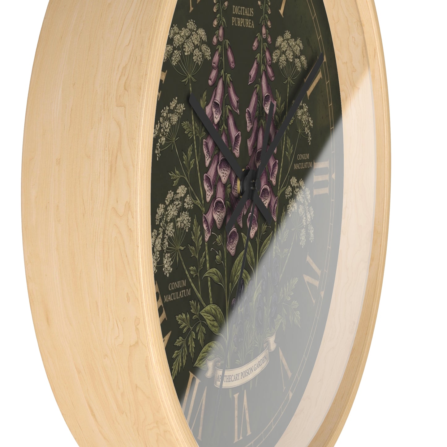 Vintage Botanical Foxglove Wall Clock | Apothecary Poison Garden, Roman Numerals, Dark Green Floral