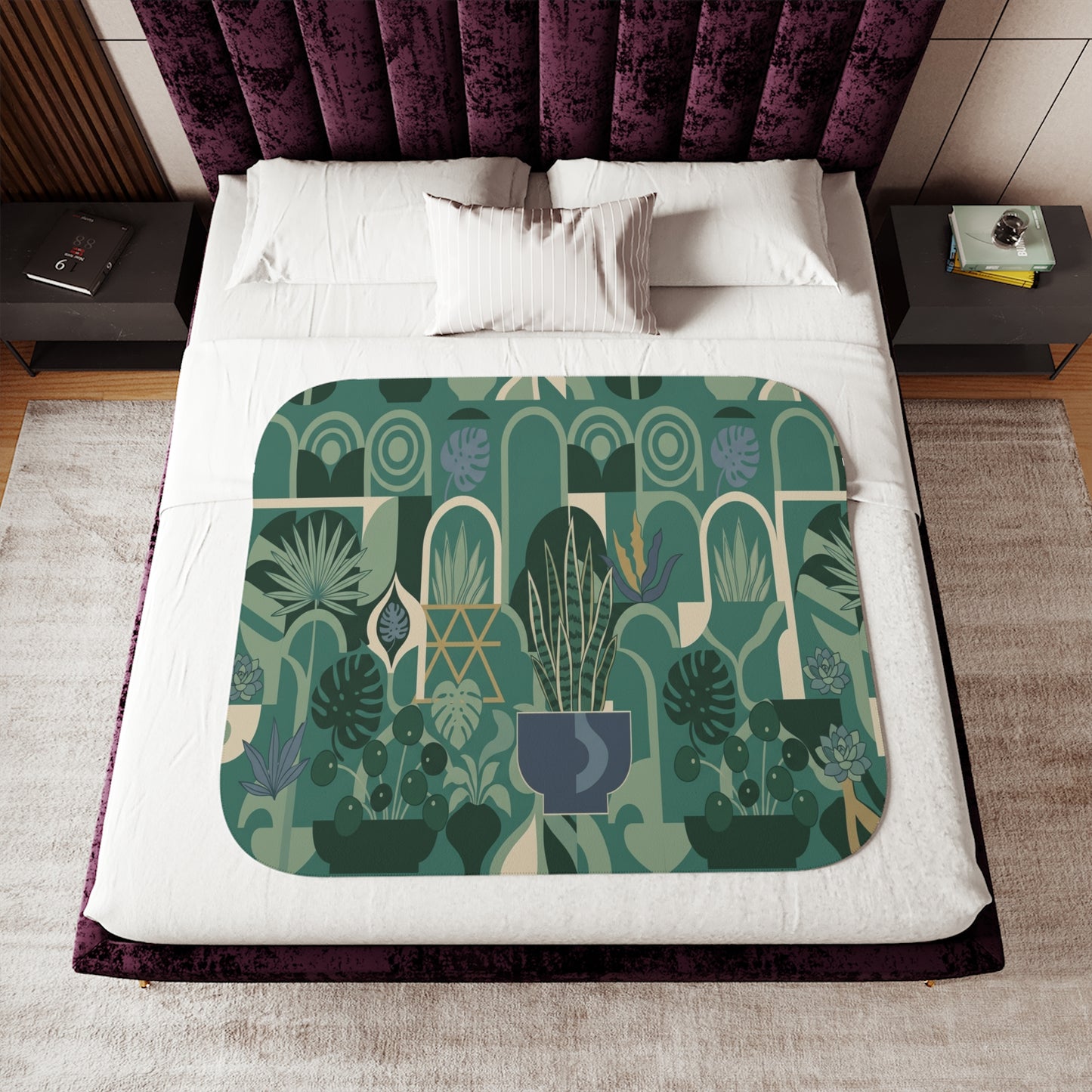Indoor Plant Pattern Sherpa Blanket | Green Botanical Houseplant Design