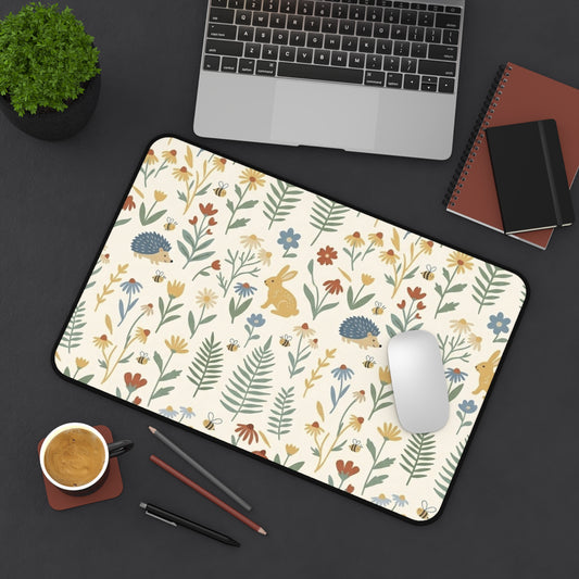 Woodland Rabbits and Hedgehogs Desk Mat | Floral Forest Mousepad