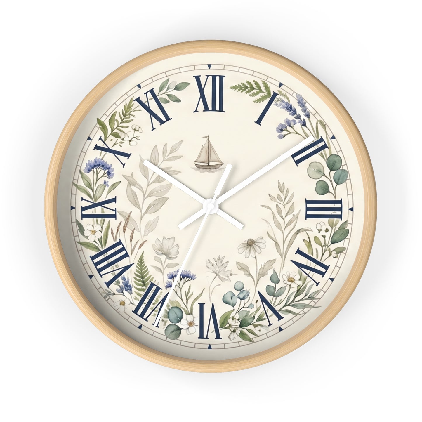 Nautical Floral Roman Numeral Wall Clock | Coastal and Greenery