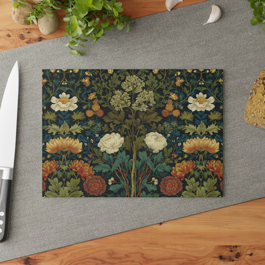 Vintage Floral William Morris Style Pattern Glass Cutting Board | Botanical Kitchen Decor