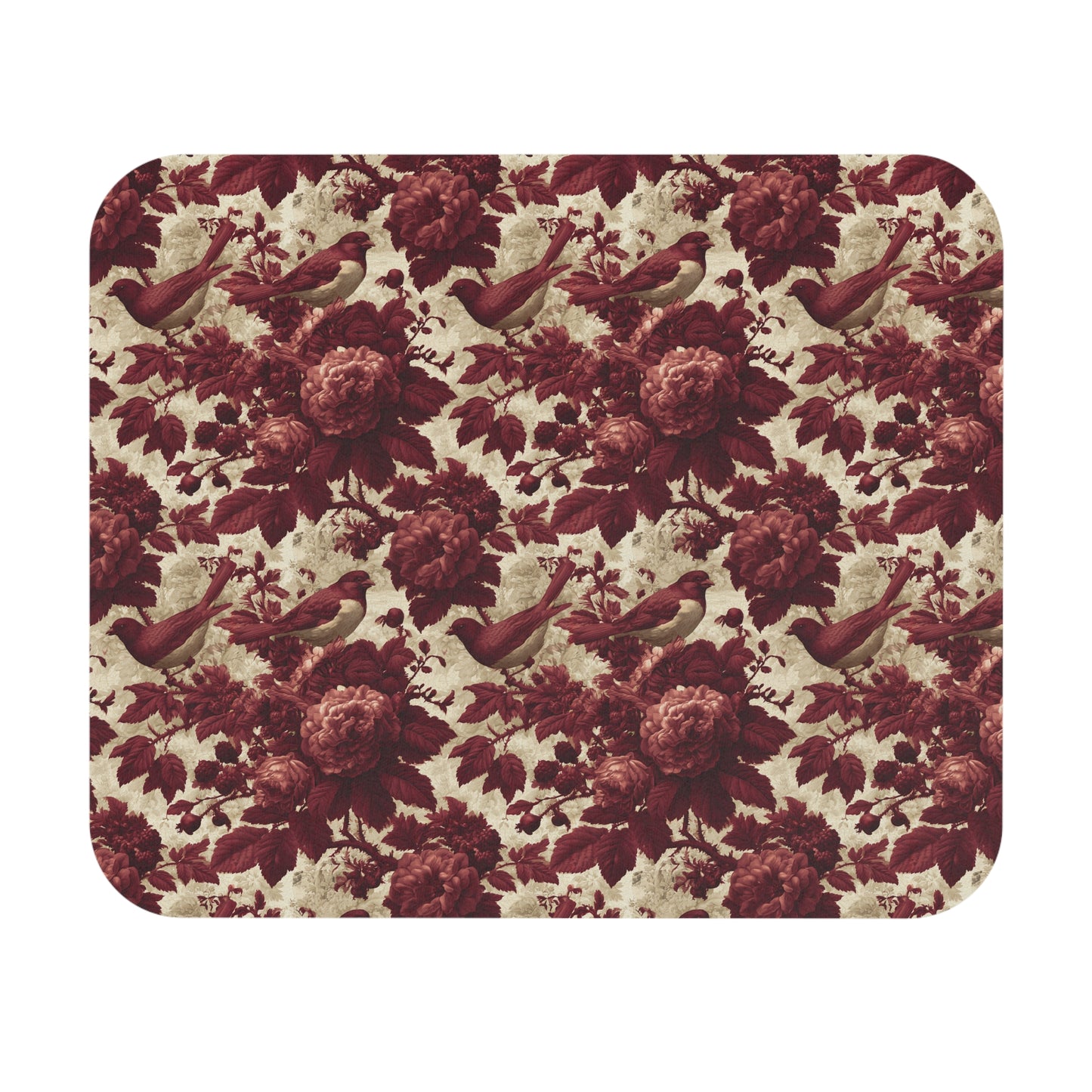 Vintage Rose & Bird Mouse Pad — Burgundy Floral Desk Mat