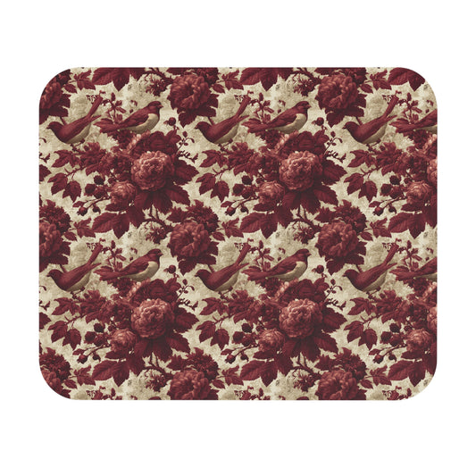 Vintage Rose & Bird Mouse Pad — Burgundy Floral Desk Mat