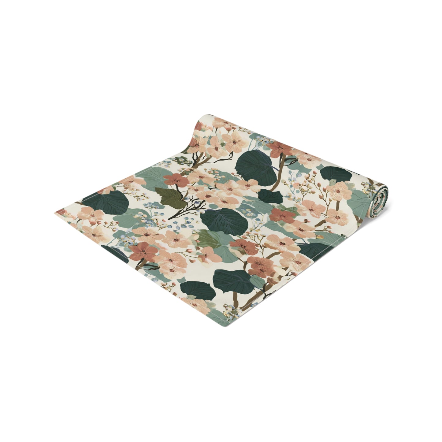 Vintage Floral Pattern Table Runner | Green Peach Cotton-Poly Blend