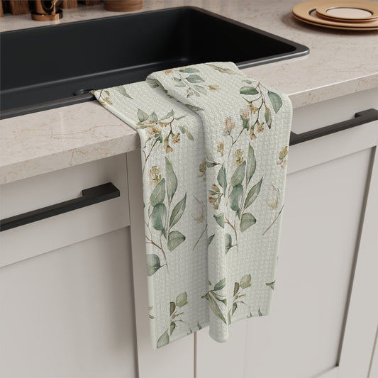Watercolor Bird and Eucalyptus Tea Towel | Botanical Kitchen Linen