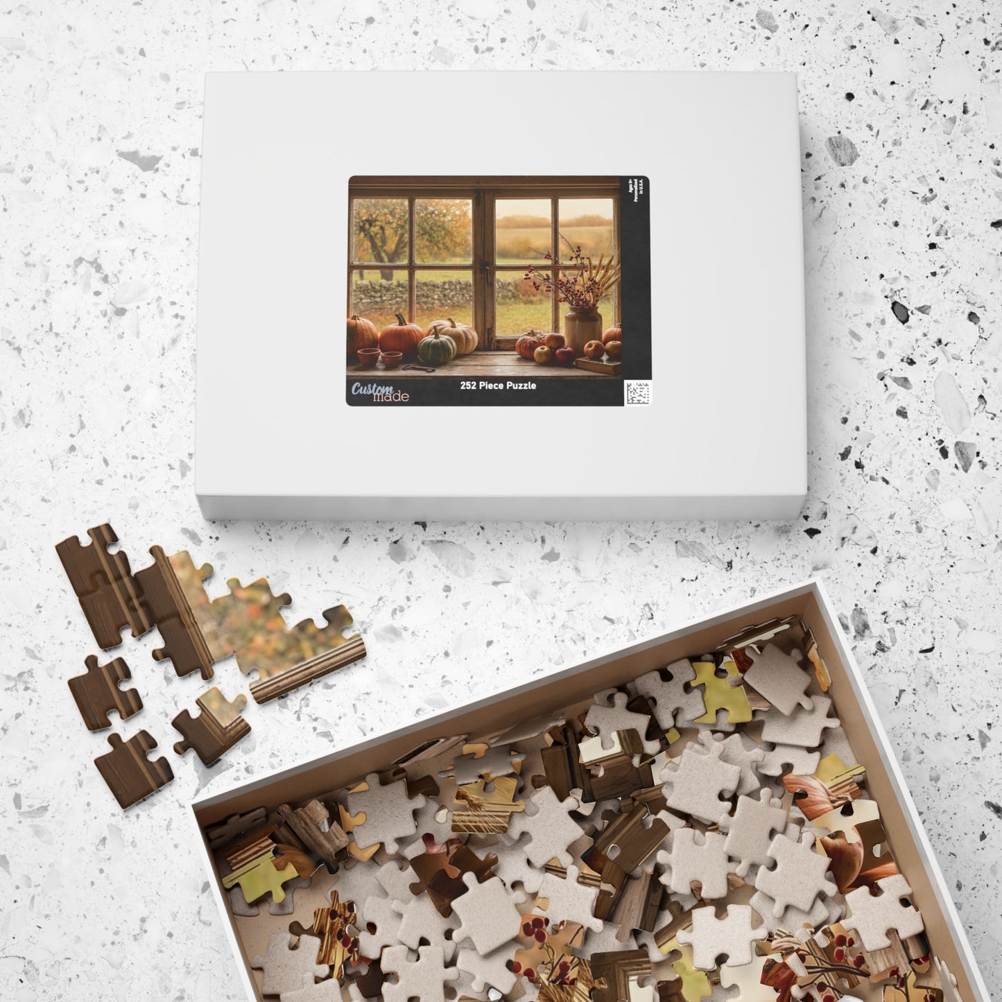 Autumn Harvest Window Puzzle 110, 252, 520, or 1014 Pieces | Fall Pumpkins Apples Still Life