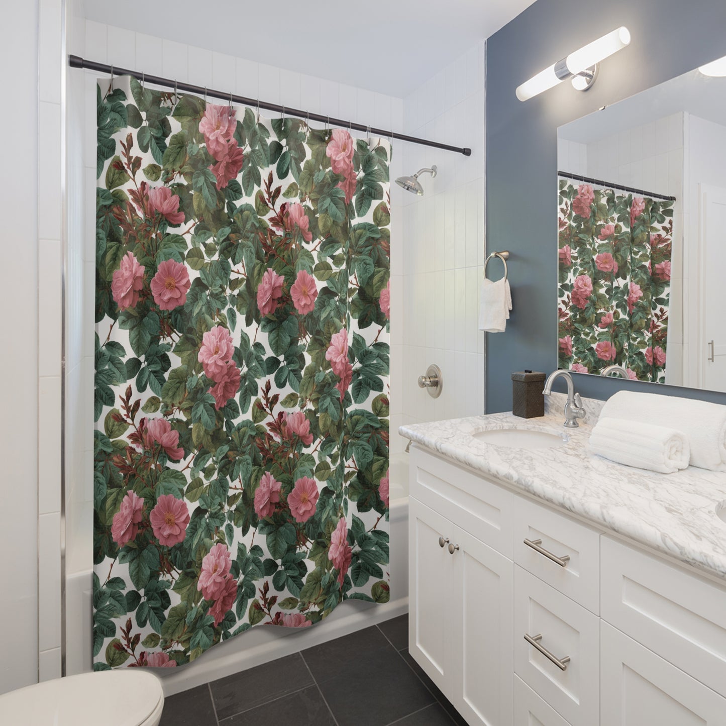 Vintage Pink Rose Floral Shower Curtain | Botanical Garden Pattern