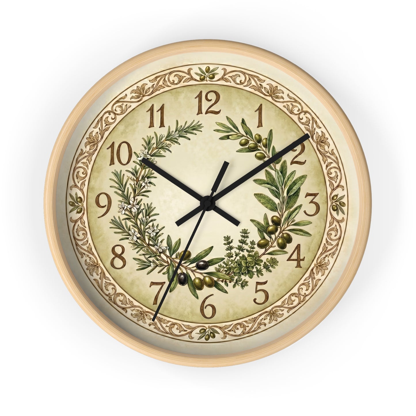 Herb Wreath Wall Clock | Olive & Rosemary Kitchen Clock, Rustic Botanical Decor