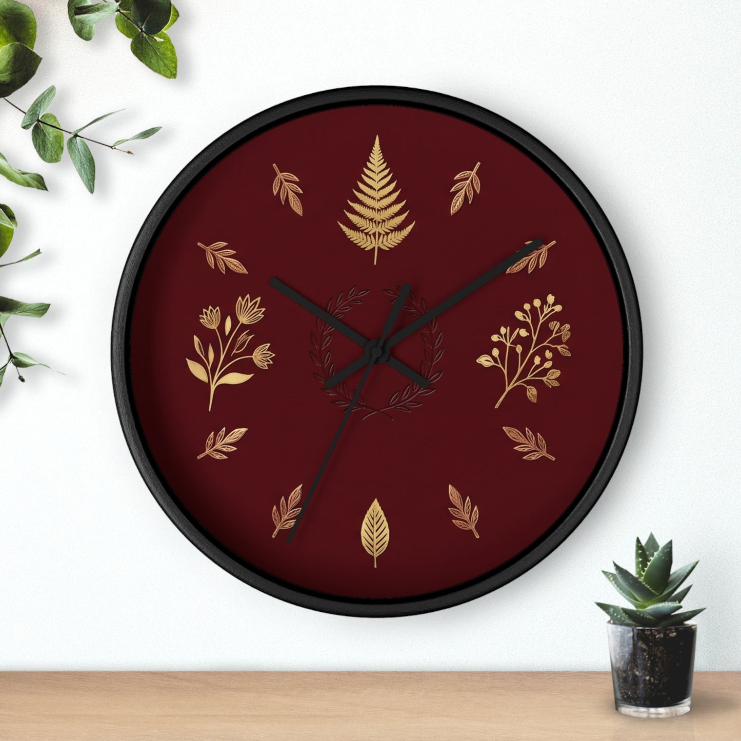 Gold Botanical Leaves Wall Clock | Maroon Floral Fern Home Decor