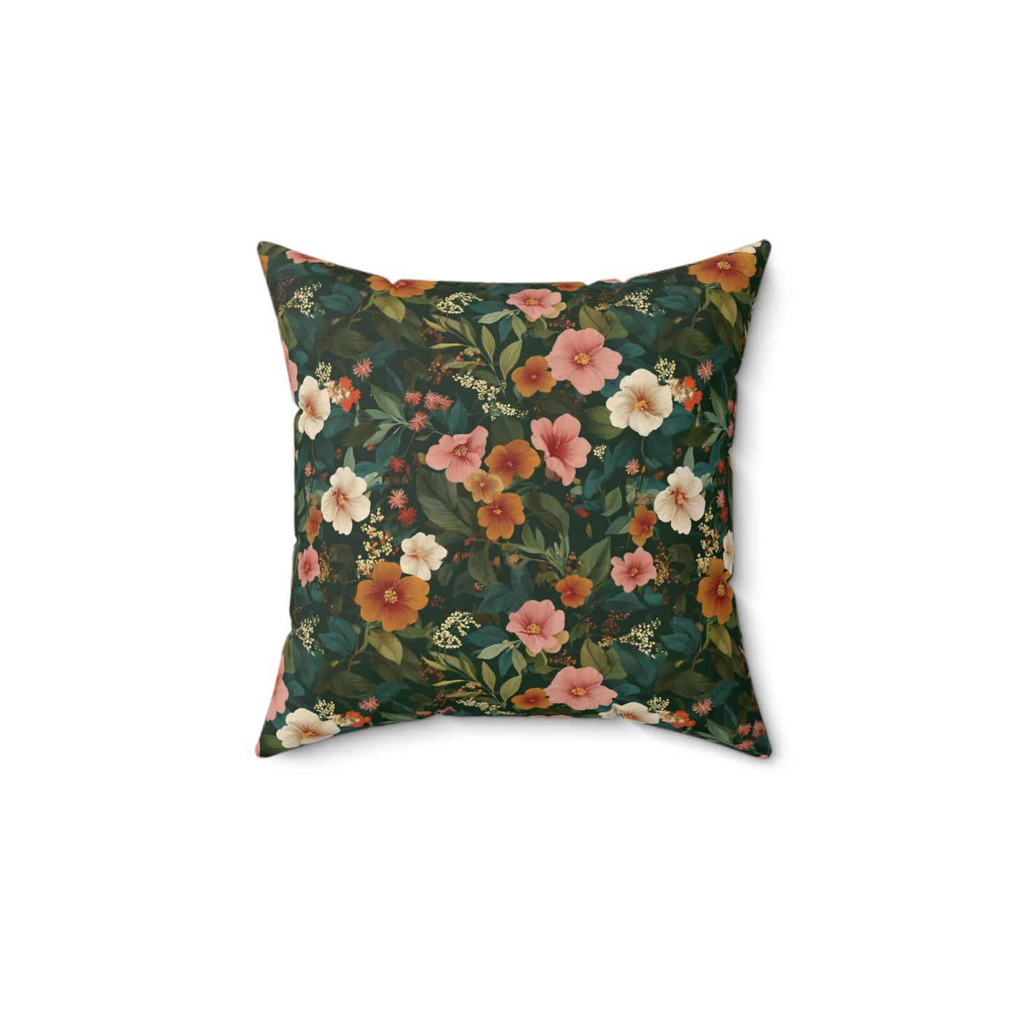 Vintage Floral Pattern Square Pillow | Dark Green Pink Orange Blossoms