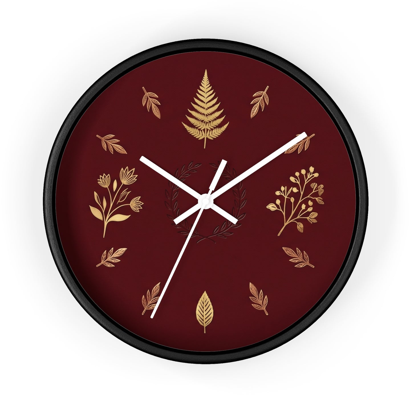 Gold Botanical Leaves Wall Clock | Maroon Floral Fern Home Decor