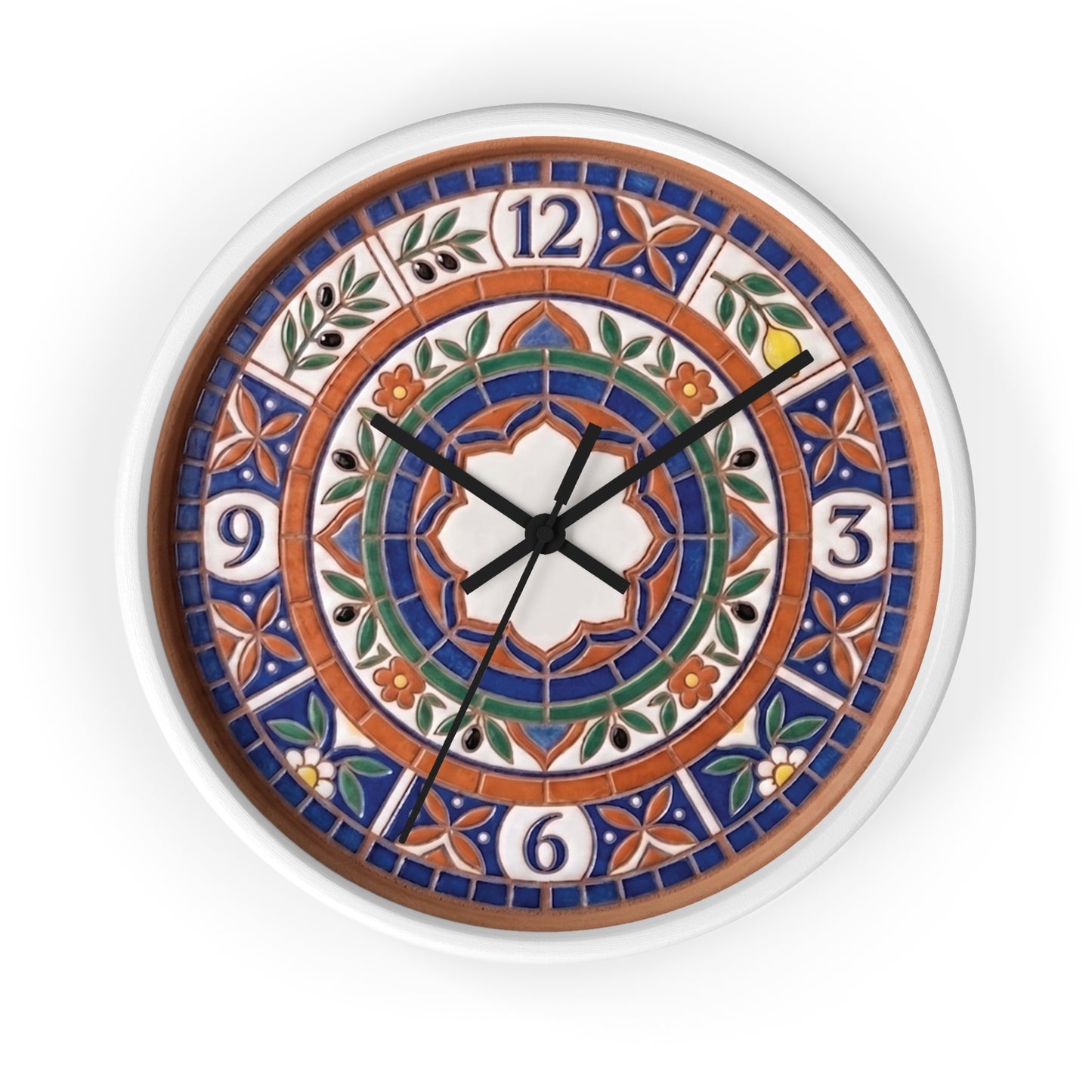 Mediterranean Mosaic Style Wall Clock - Terracotta Azure Blue Floral Faux Tile Botanical Decor